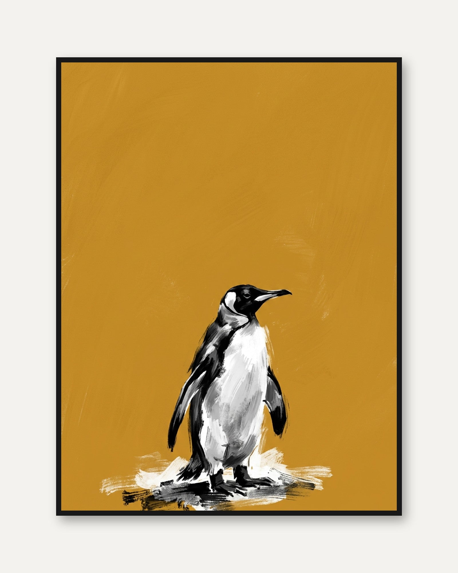 Penguin Art Print: Black and White on Mustard Yellow Background - framed
