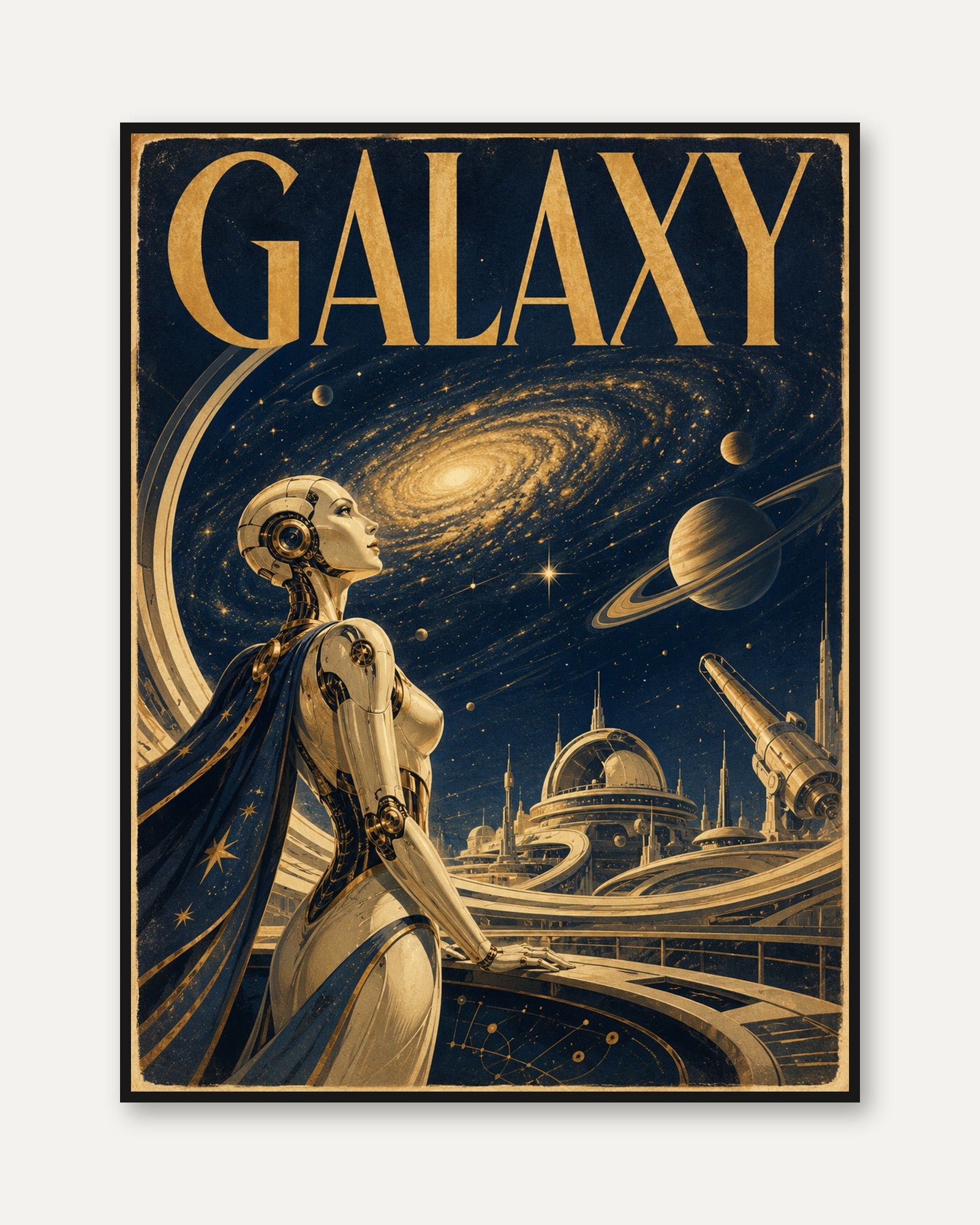 Retro Sci-Fi Galaxy Poster: Art Deco Robot and Space Scene - framed