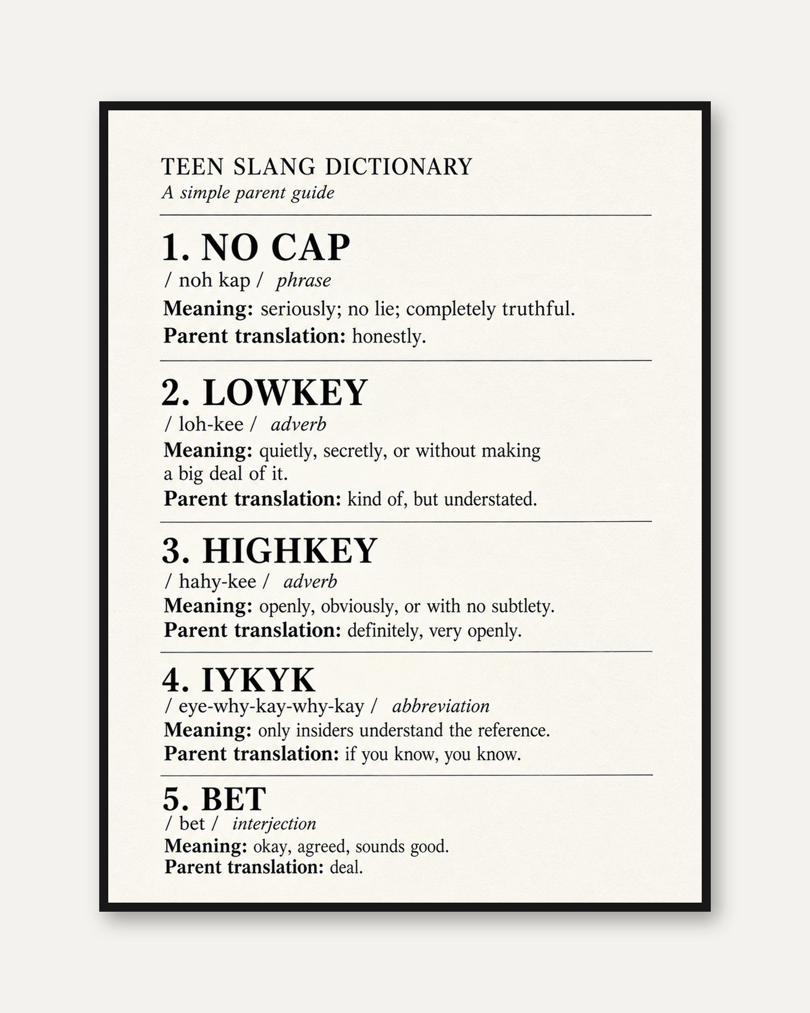 Teen Slang Dictionary Print: Vintage Typography Wall Art - framed