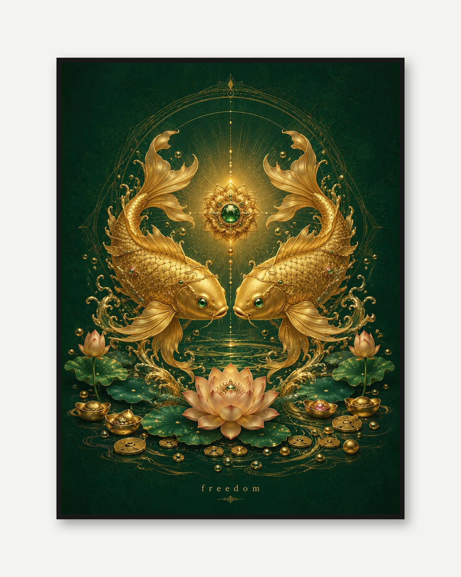 Koi Fish Wall Art – Lotus Flower Print - framed
