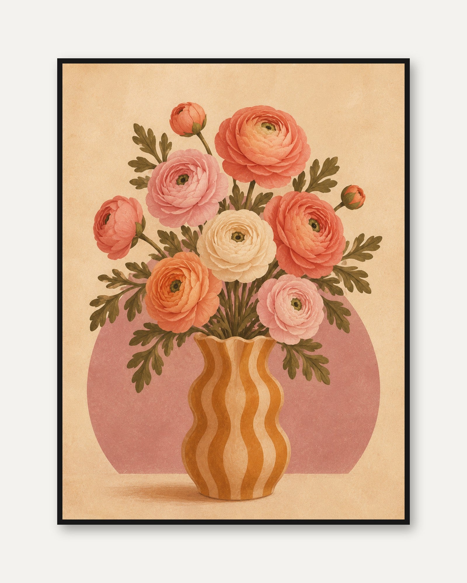 Ranunculus Vase Print – Retro Floral Wall Art - framed