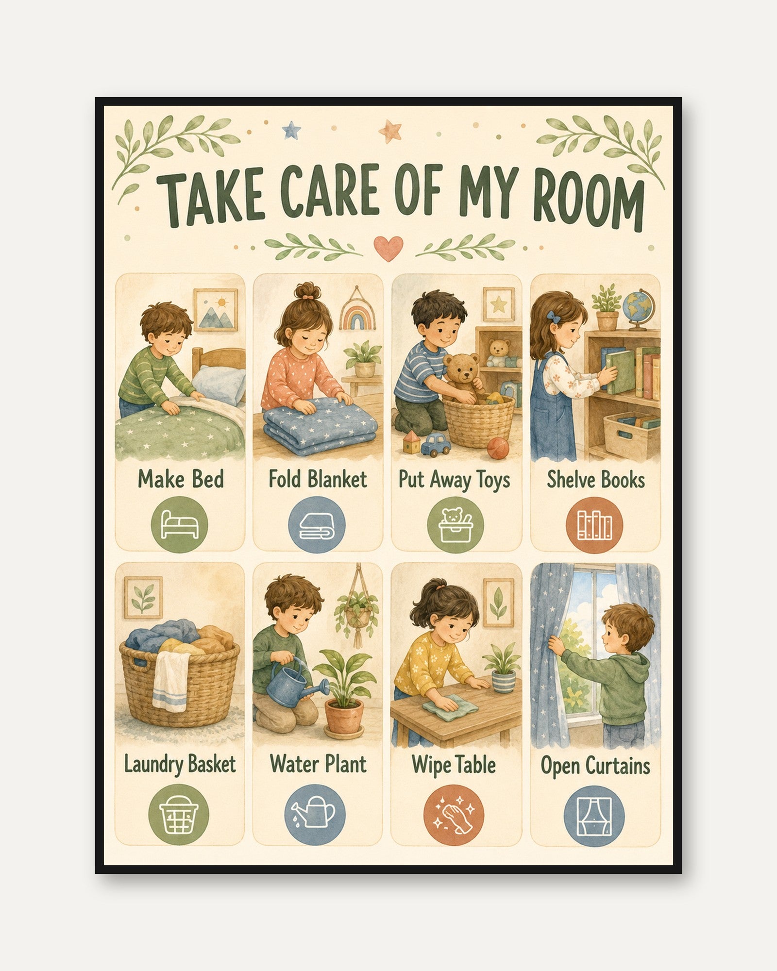 Kids Chore Chart Print: Illustrated Daily Room Routine - framed