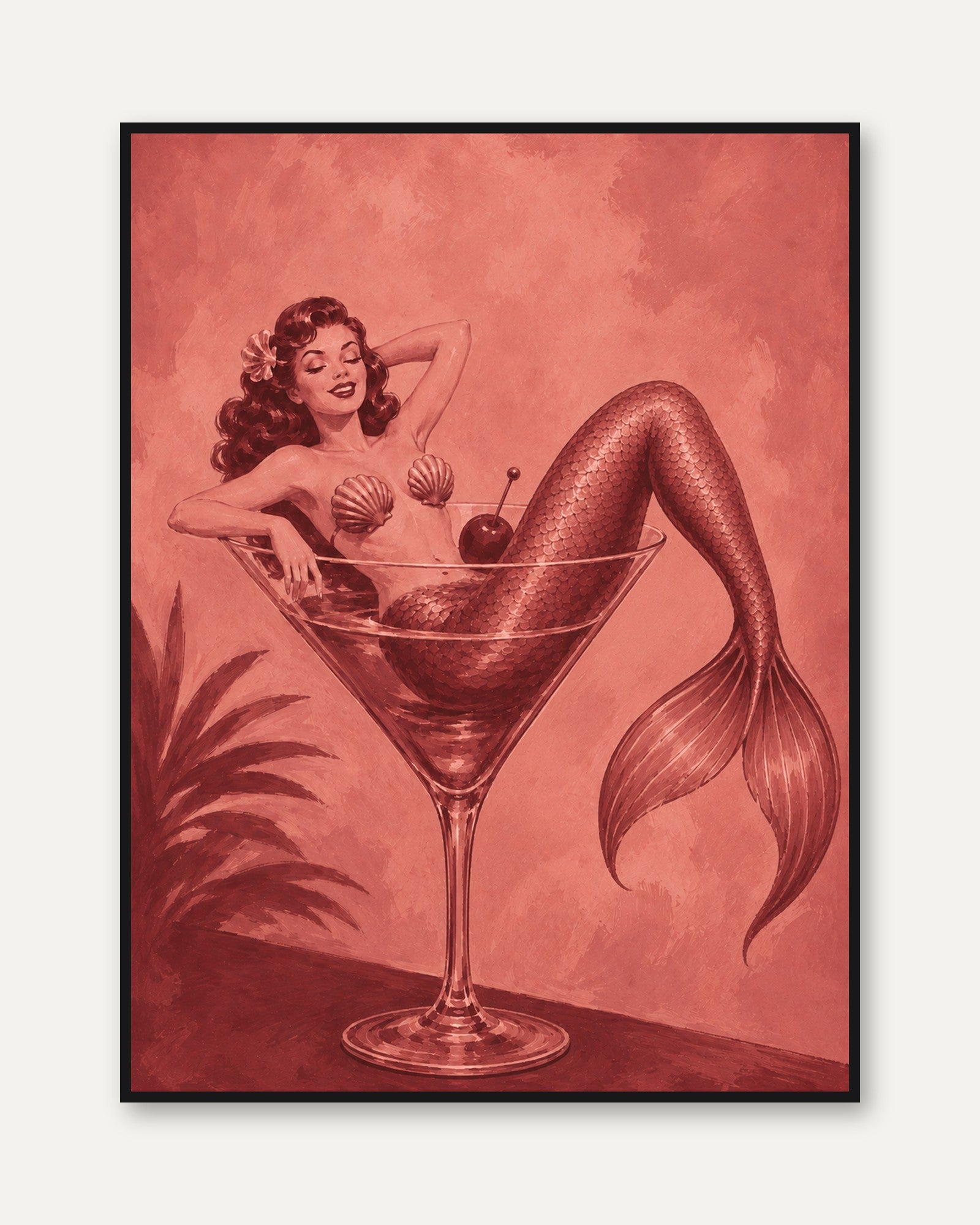 Mermaid Cocktail Wall Art – Vintage Pin Up Print - framed