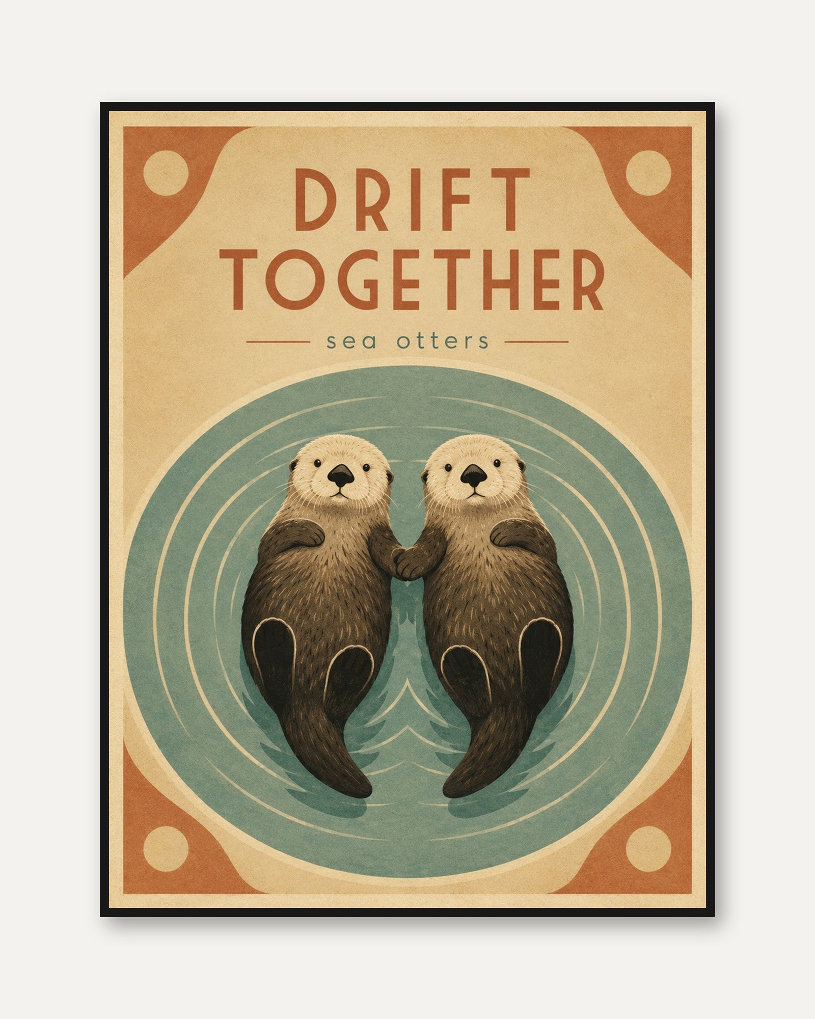 Drift Together Sea Otters Print: Vintage Style Wildlife Art - framed