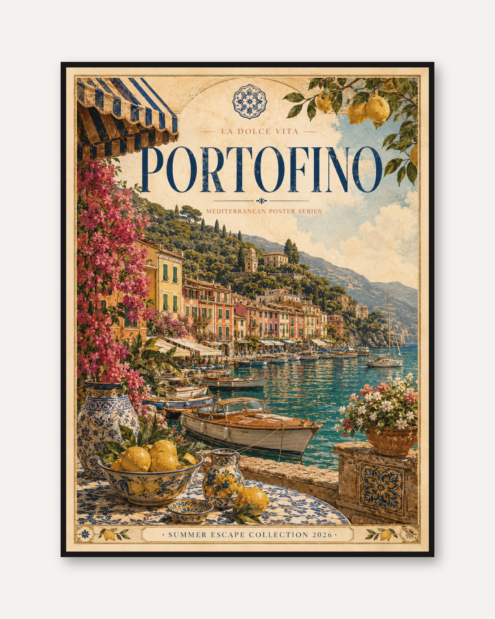 Portofino Vintage Travel Poster — Italian Coastal Art - framed