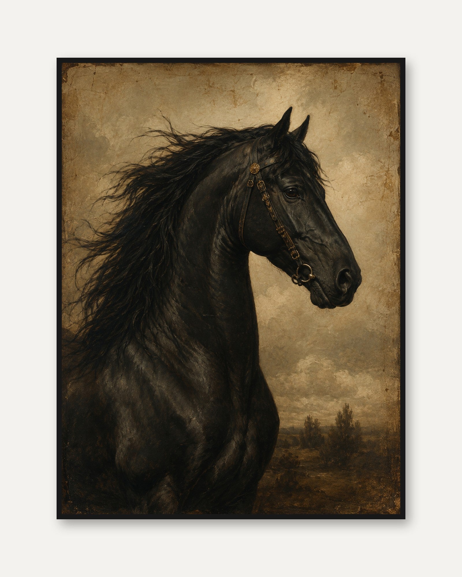 Black Horse Wall Art – Vintage Equestrian Print - framed