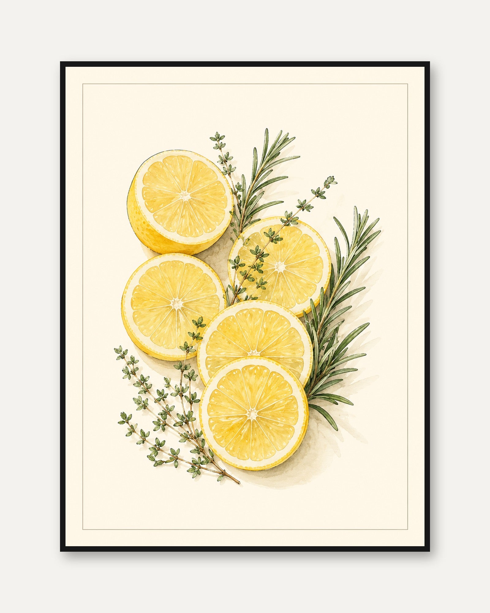 Lemon Herb Wall Art – Kitchen Botanical Print - framed