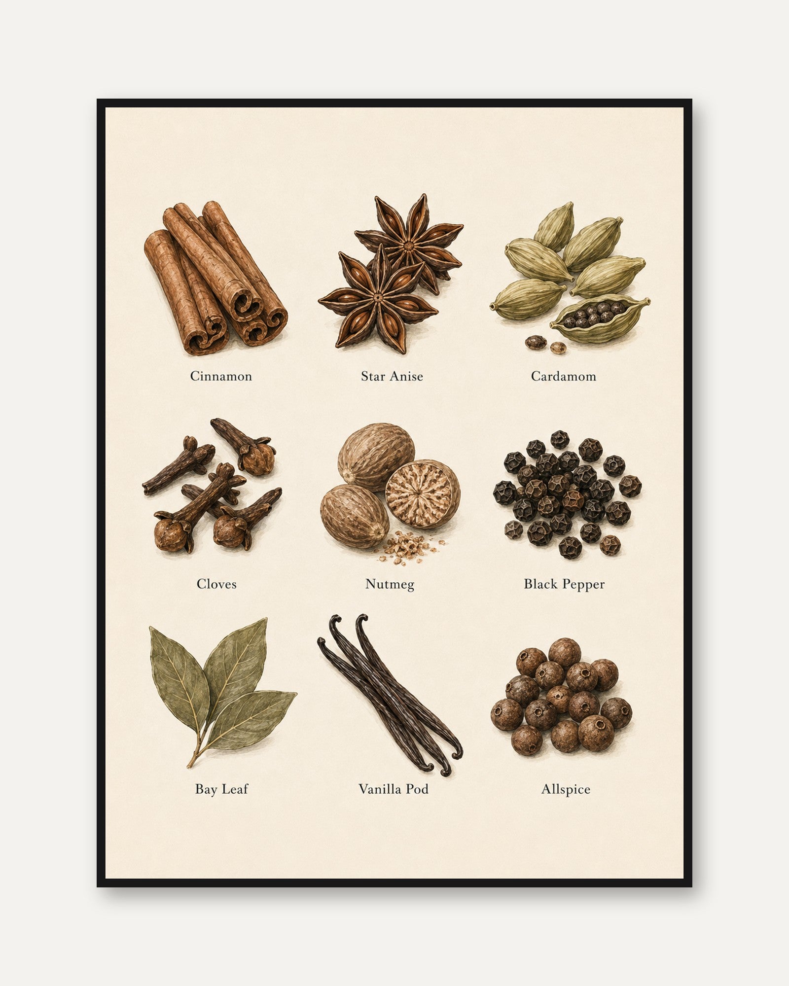 Spice Chart Wall Art – Kitchen Botanical Print - framed