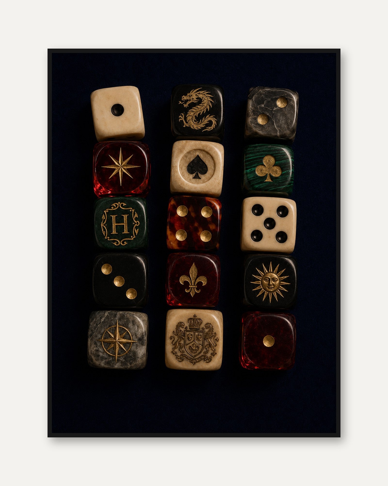 Vintage Dice Collection Wall Art: Ornate Gaming Symbols Print - framed