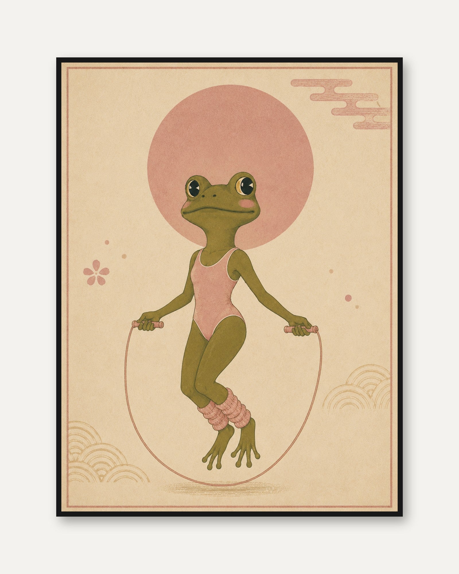 Japanese Frog Jump Rope Art Print: Whimsical Pink Green Poster - framed