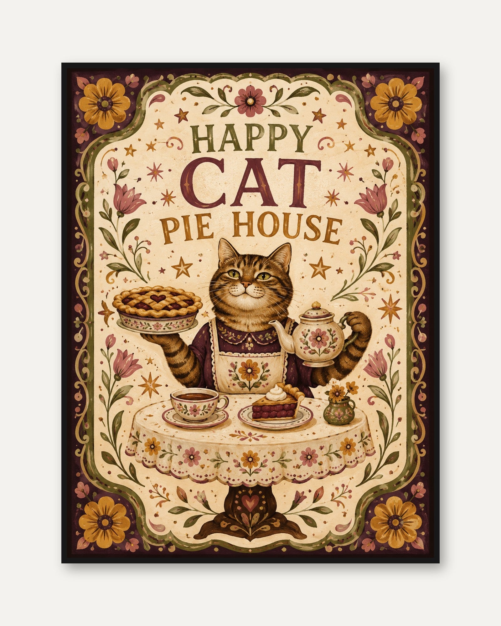 Folk Art Cat Print – Whimsical Tabby Pie House - framed