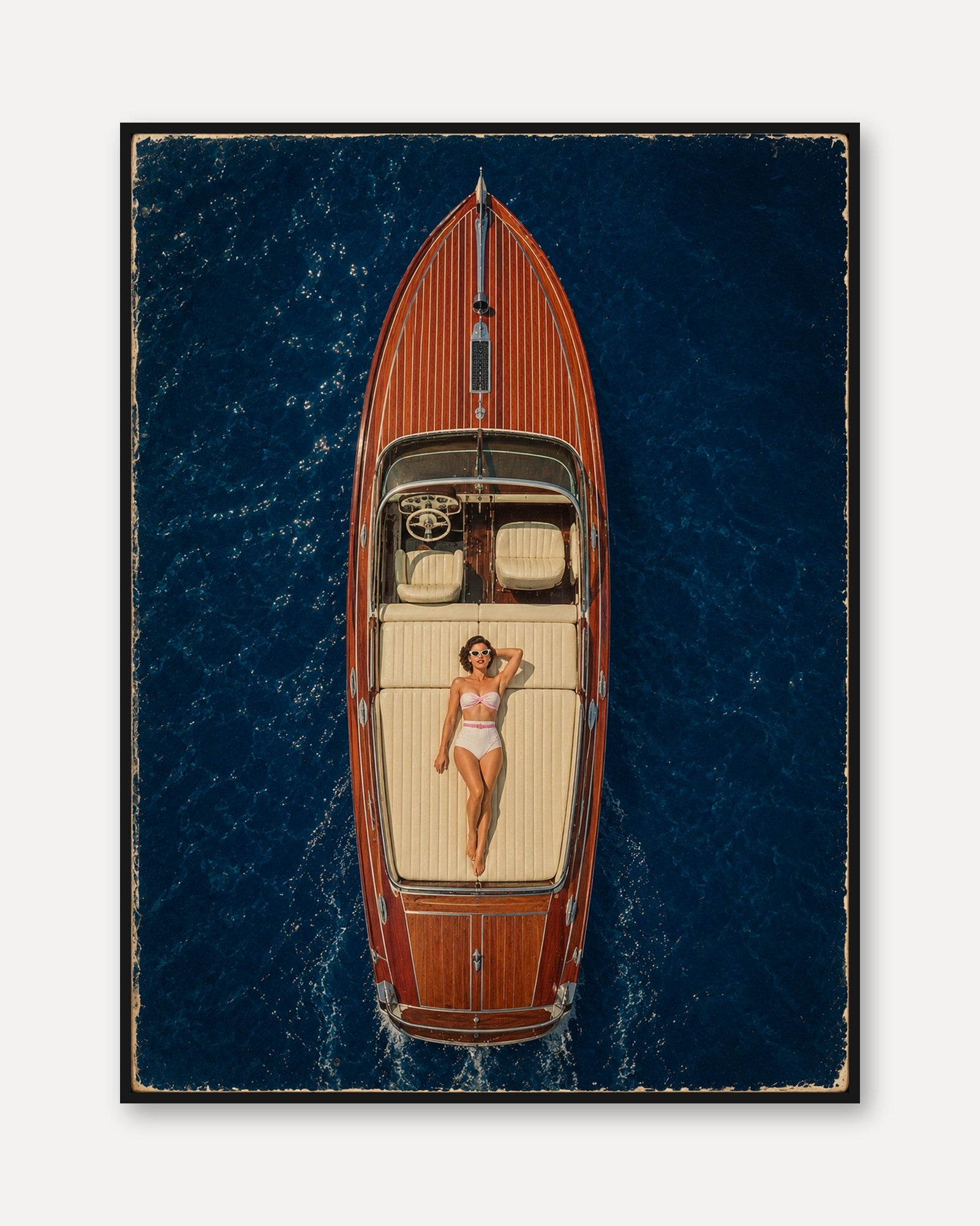 Vintage Wooden Speedboat Aerial Print - framed