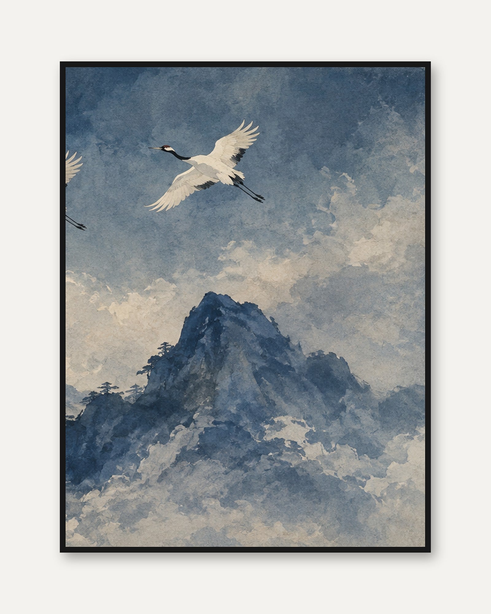 Flying Crane Over Mountain Art Print: Japanese Watercolor Style - framed