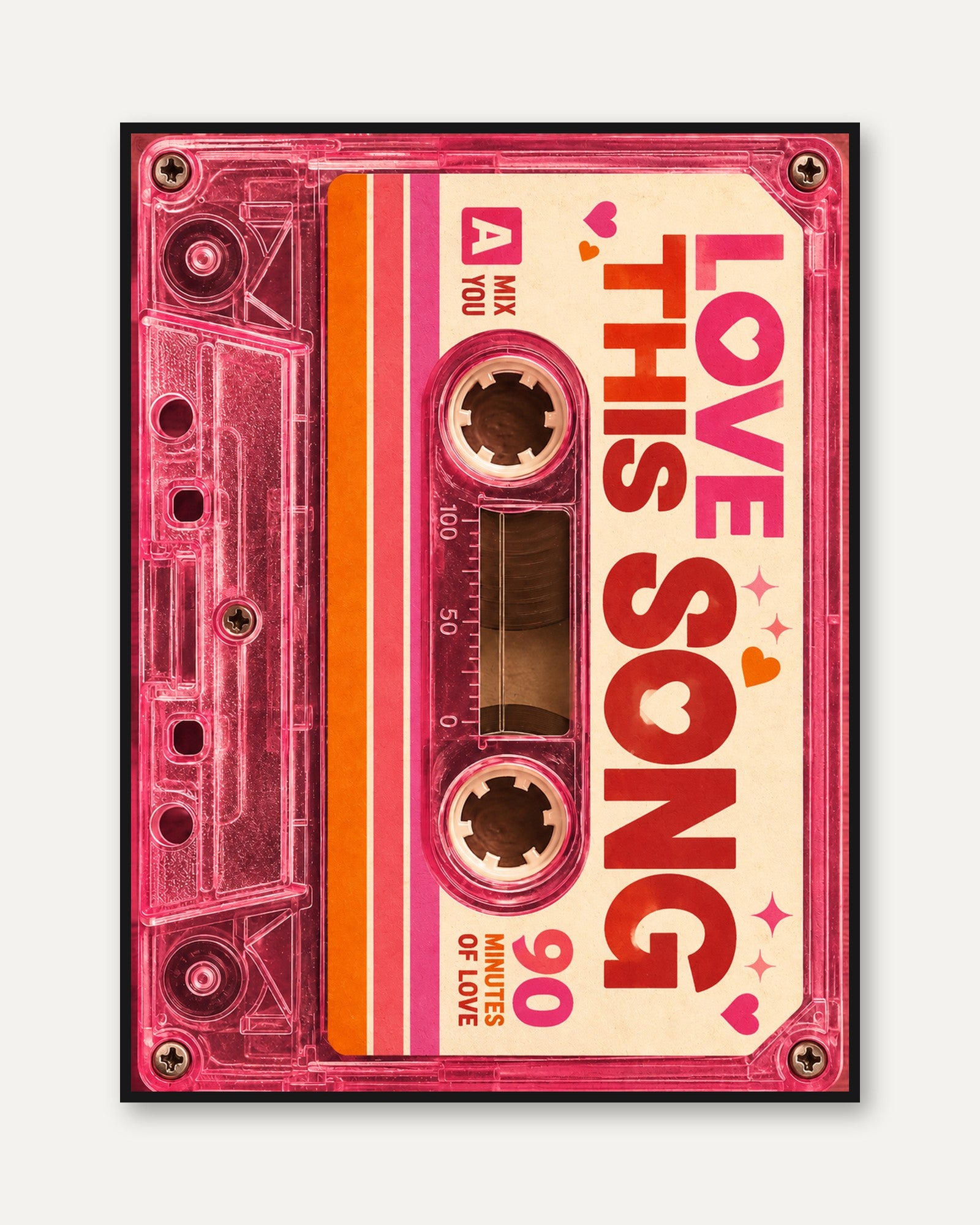 Retro Cassette Tape Print: Pink 90s Nostalgia Music Wall Art - framed