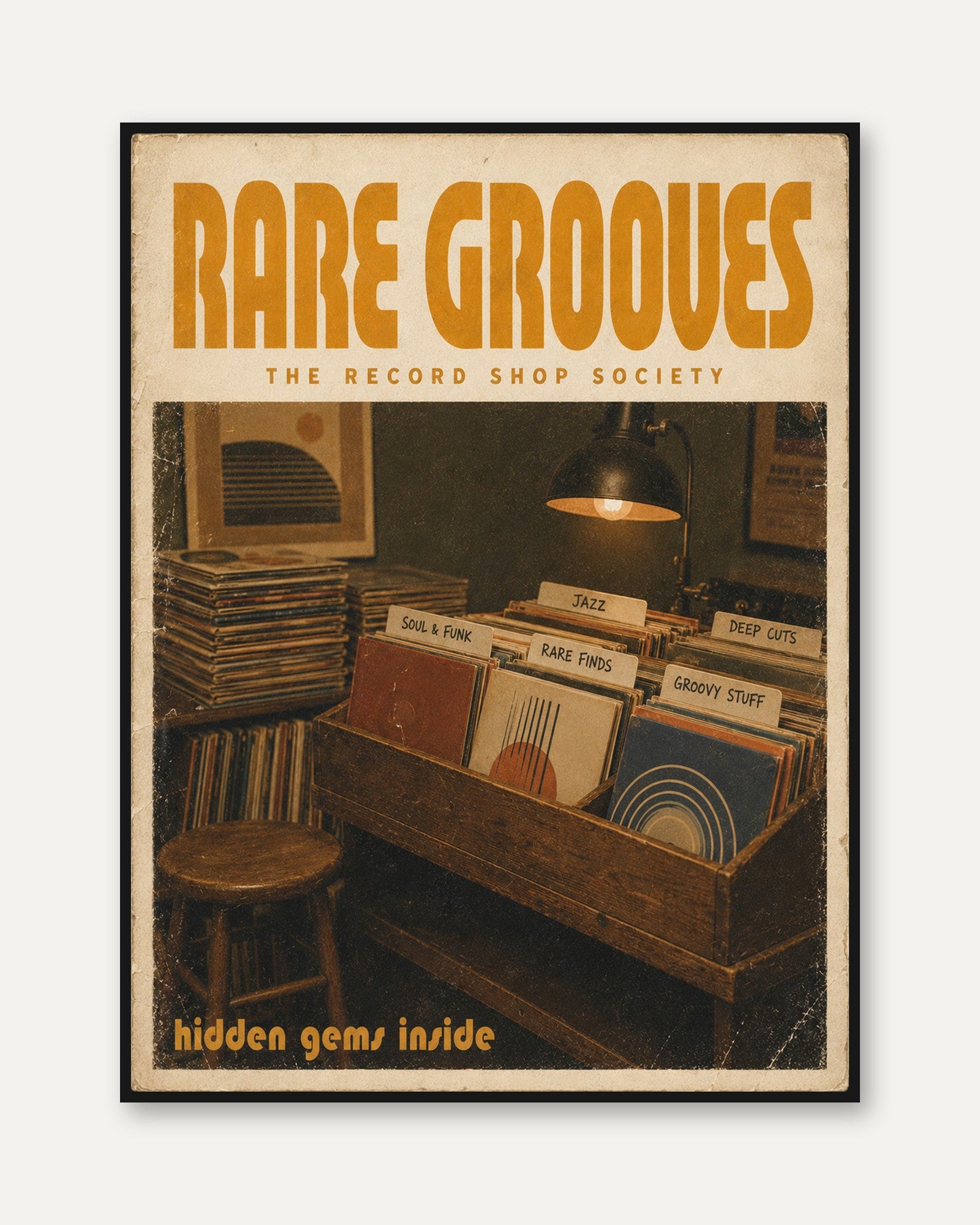 Rare Grooves Record Shop Print: Vintage Vinyl Collection Poster - framed