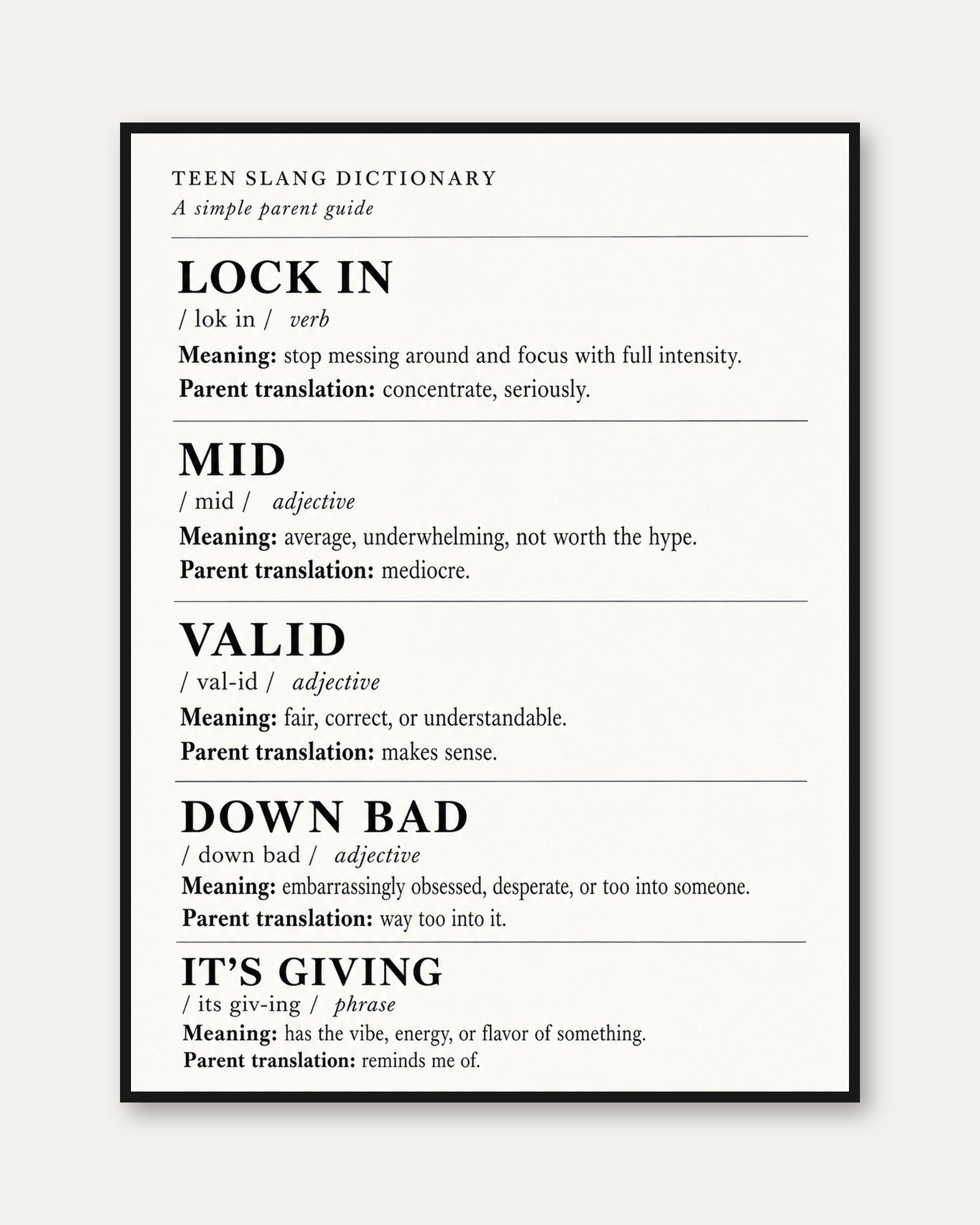 Teen Slang Dictionary Poster: Vintage Educational Typography Art - framed