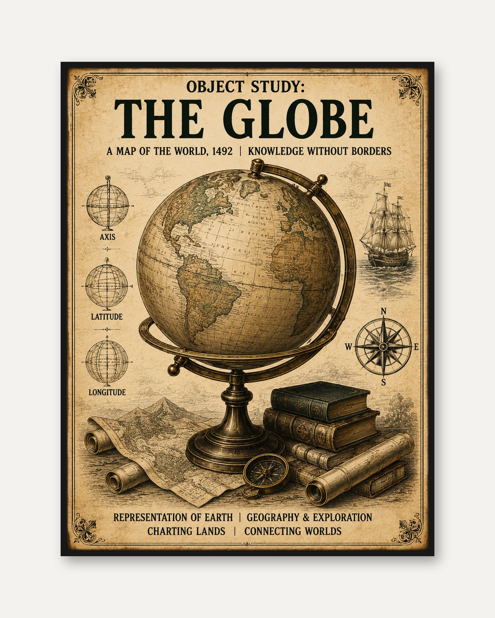 Vintage Globe and Maps Art Print: 1492 Exploration Theme - framed