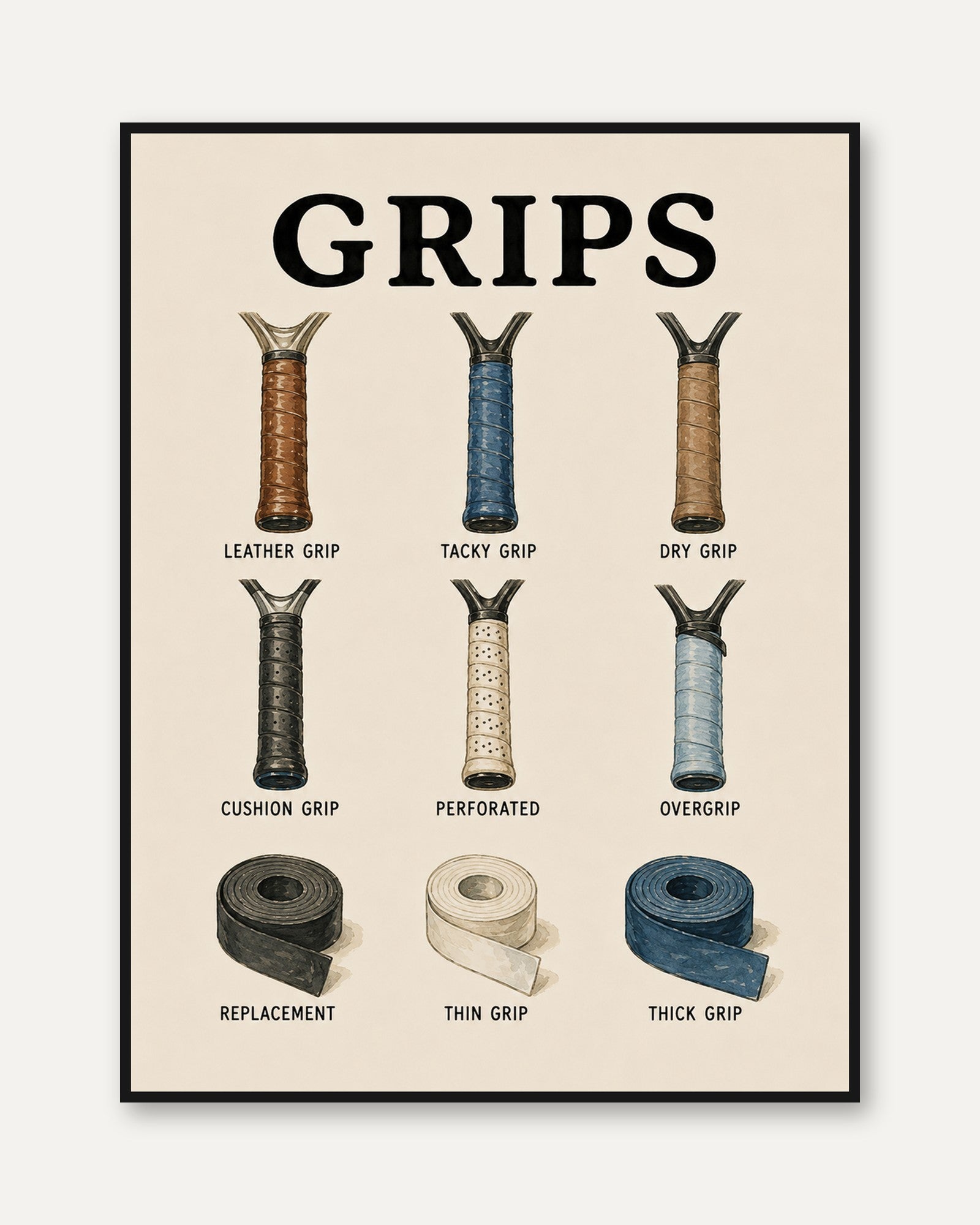 Tennis Racket Grips Wall Art: Vintage Sports Illustration - framed