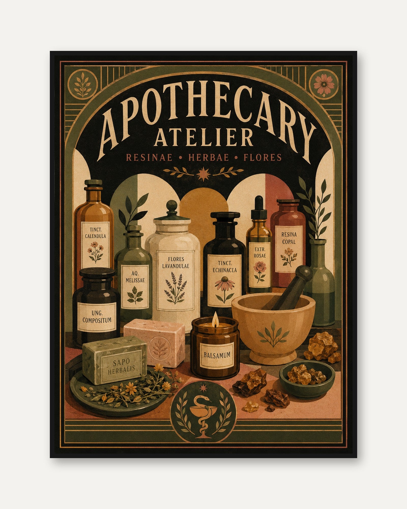 Apothecary Atelier Poster: Vintage Botanical Art Deco Print - framed