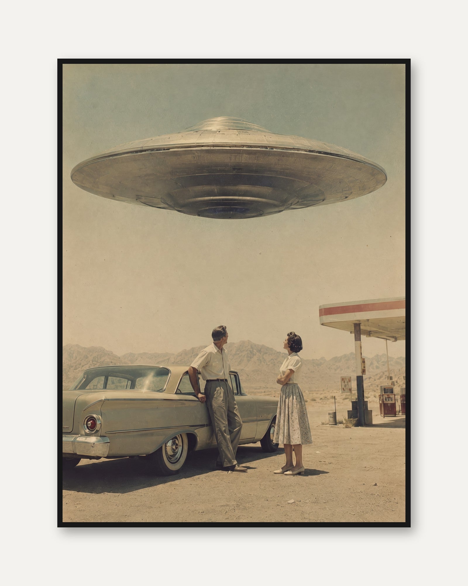Vintage UFO Print — 1950s Retro Sci-Fi Scene - framed
