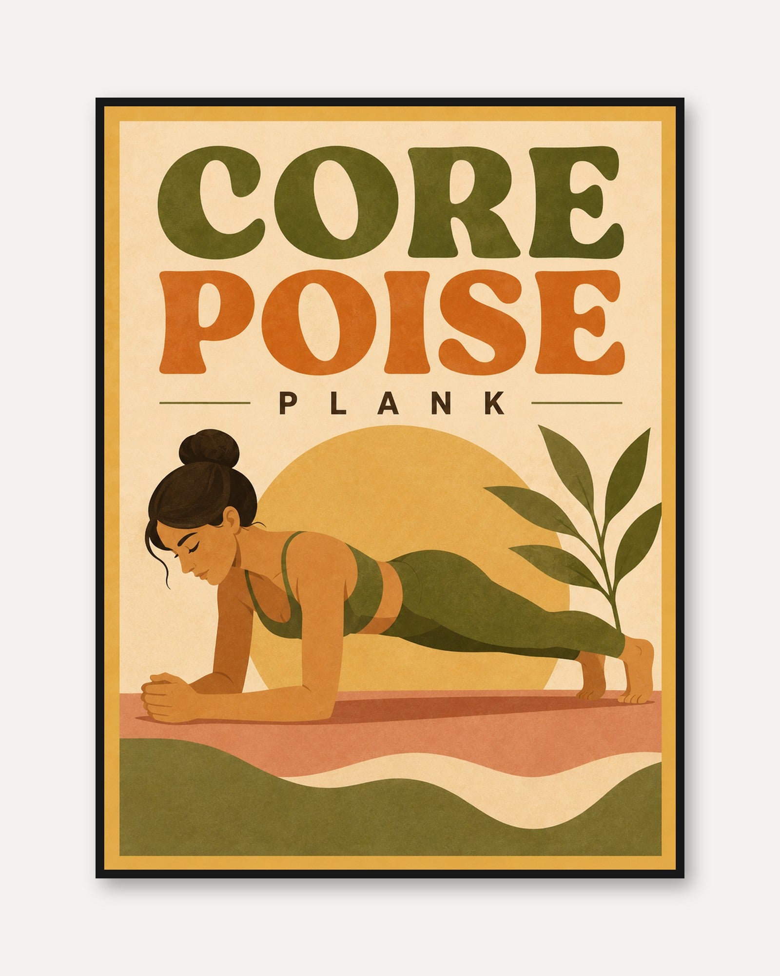 Vintage Yoga Print: Plank Pose Fitness Art (Home Gym & Studio) - framed