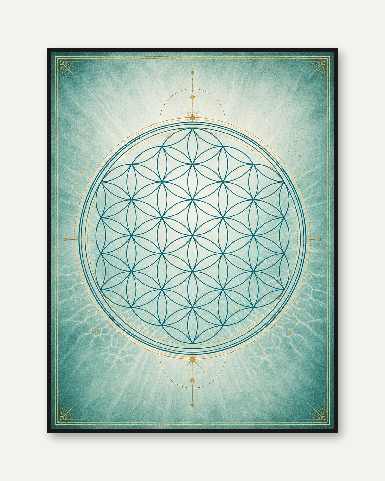 Flower of Life Mandala Print: Spiritual Wall Art (Teal & Gold) - framed