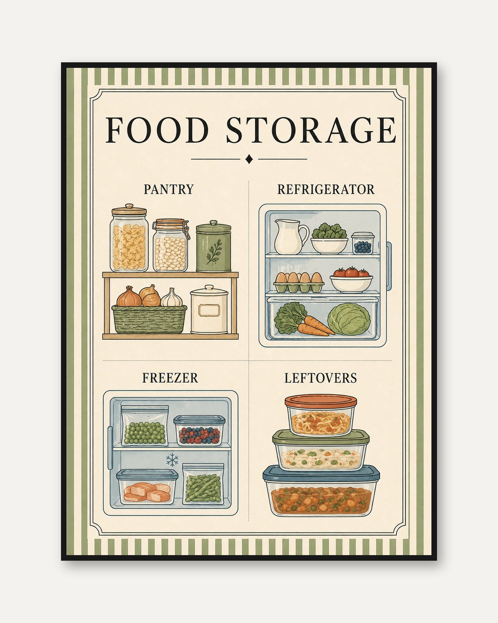Food Storage Kitchen Guide Print: Vintage Educational Poster - framed