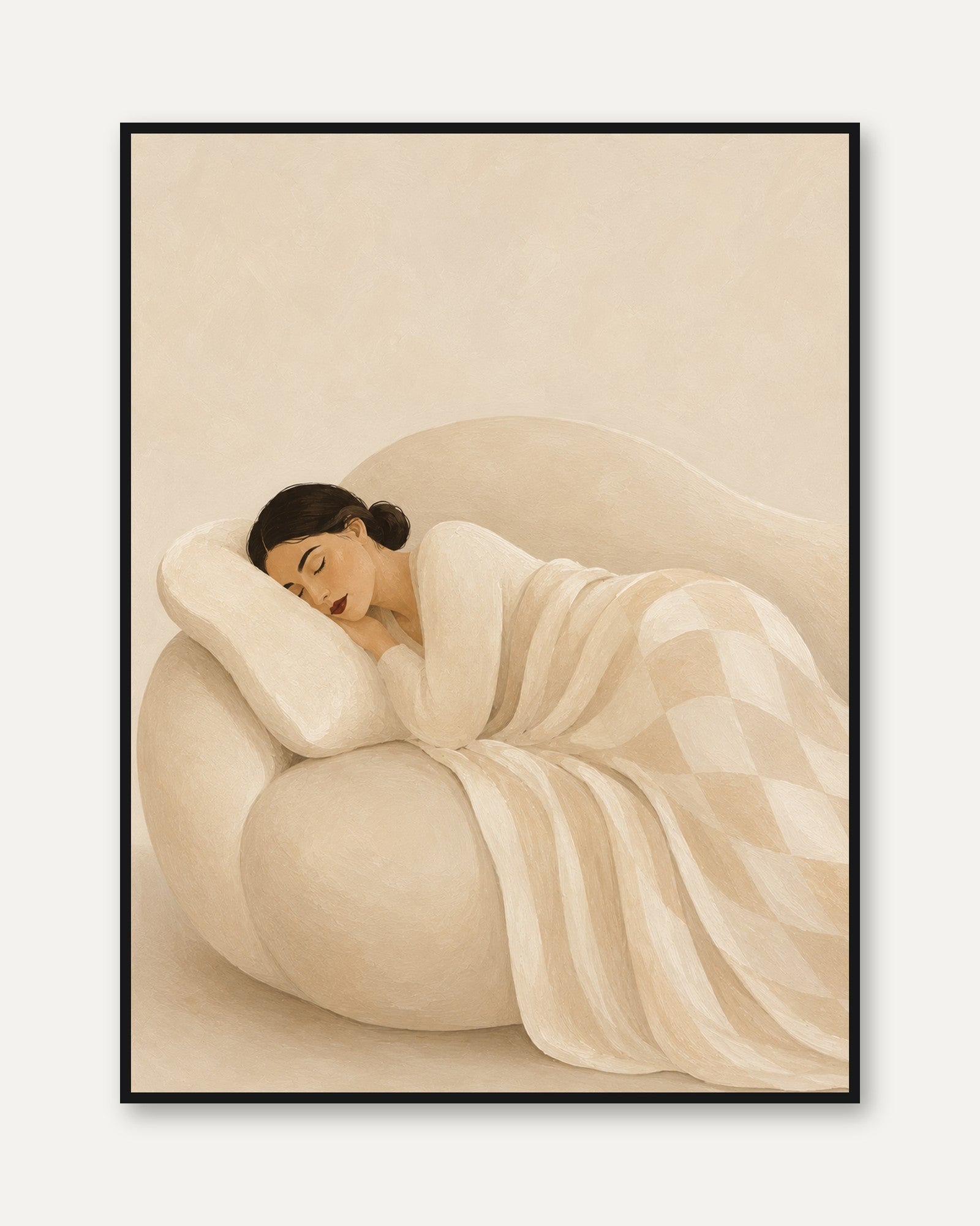 Sleeping Woman Art Deco Print: Soft Neutral Minimalist Design - framed