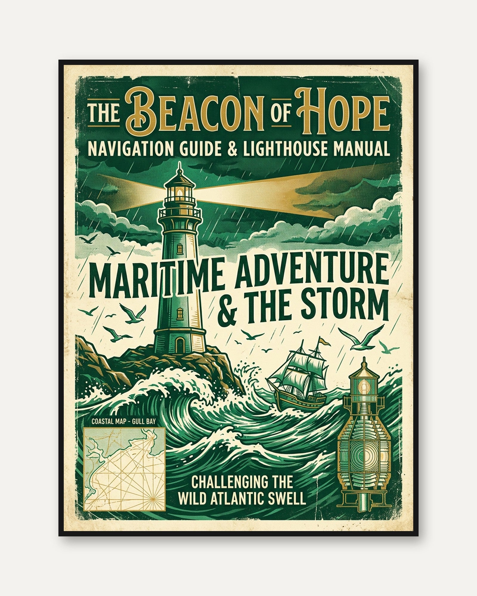 Vintage Lighthouse Poster: Nautical Maritime Green Gold Art Print - framed