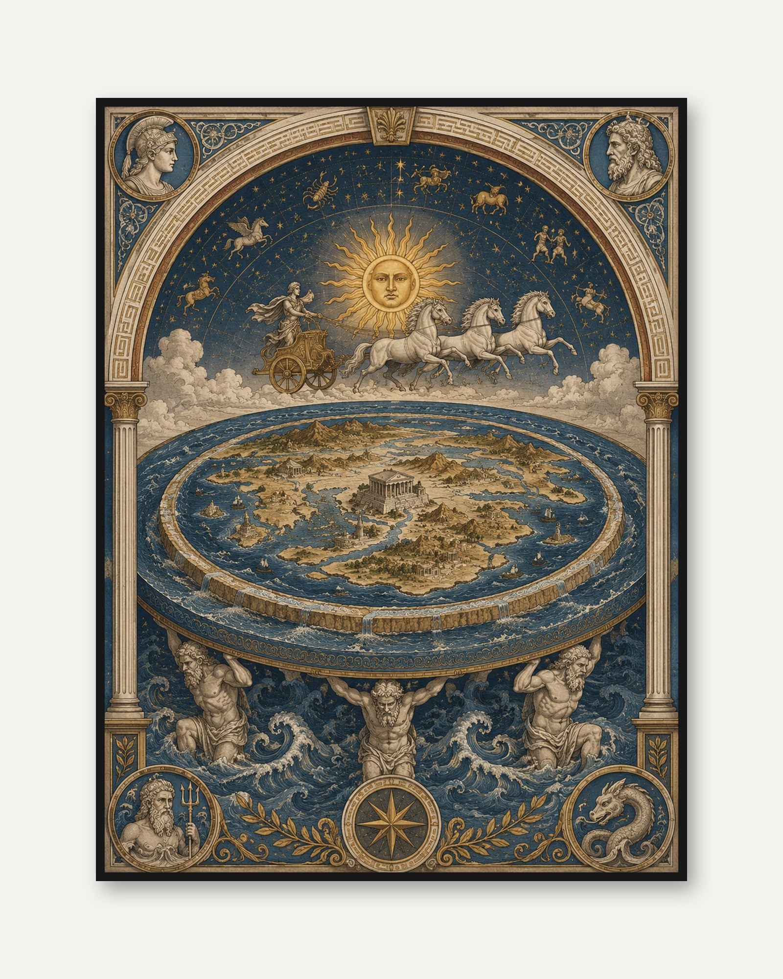 Flat Earth Cosmology Print: Renaissance Celestial Map Wall Art - framed