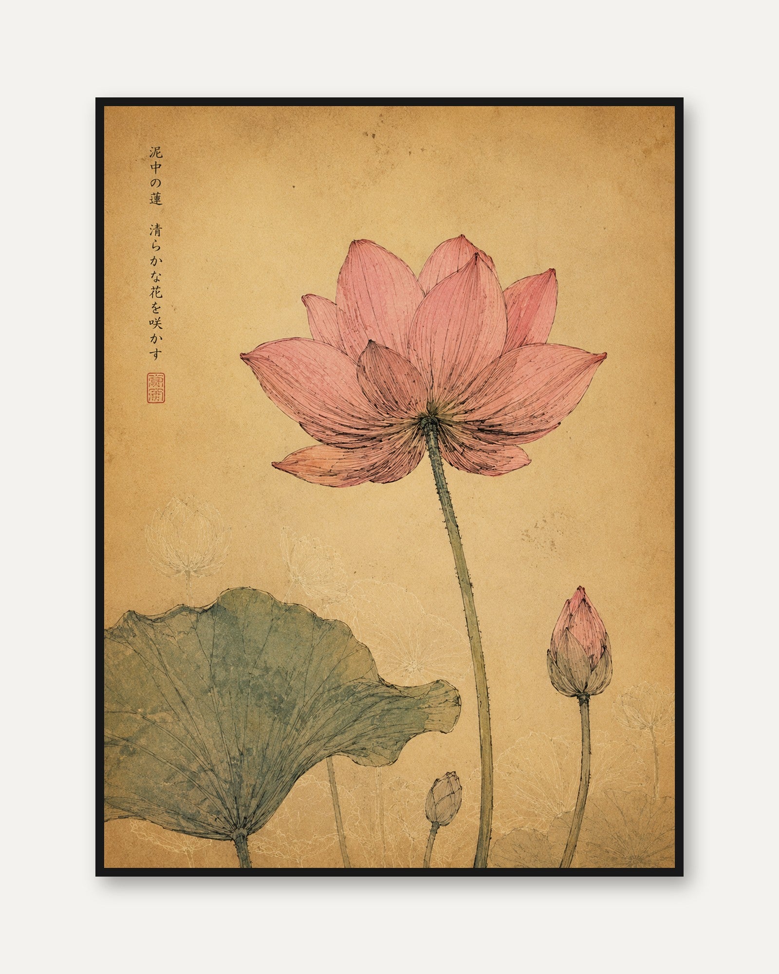 Lotus Flower Botanical Print — Vintage Asian Watercolor - framed