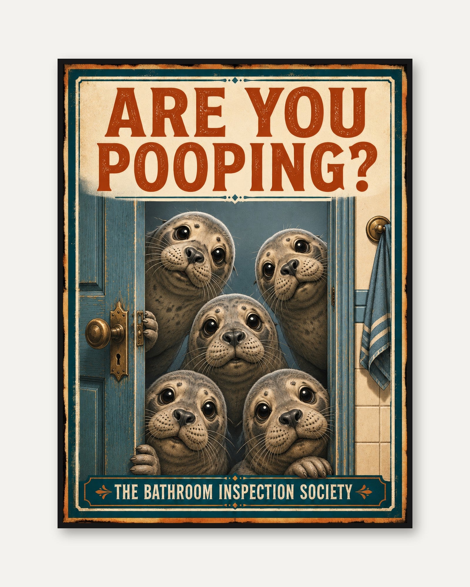 Bathroom Wall Art: Funny Seal Design (Vintage Style - framed