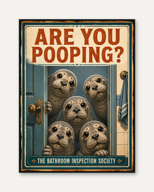 Bathroom Wall Art: Funny Seal Design (Vintage Style - framed