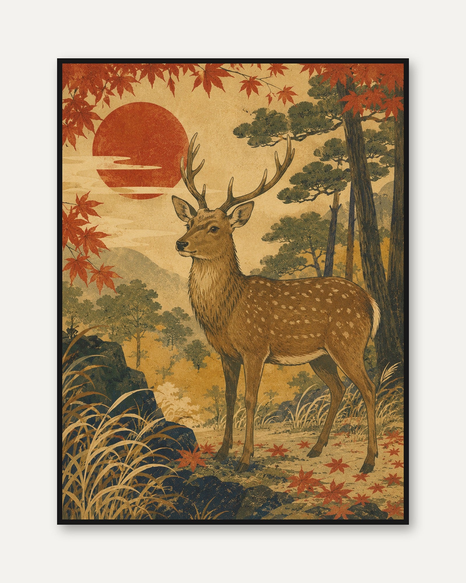Japanese Deer Art Print: Vintage Autumn Sunset Forest Scene - framed