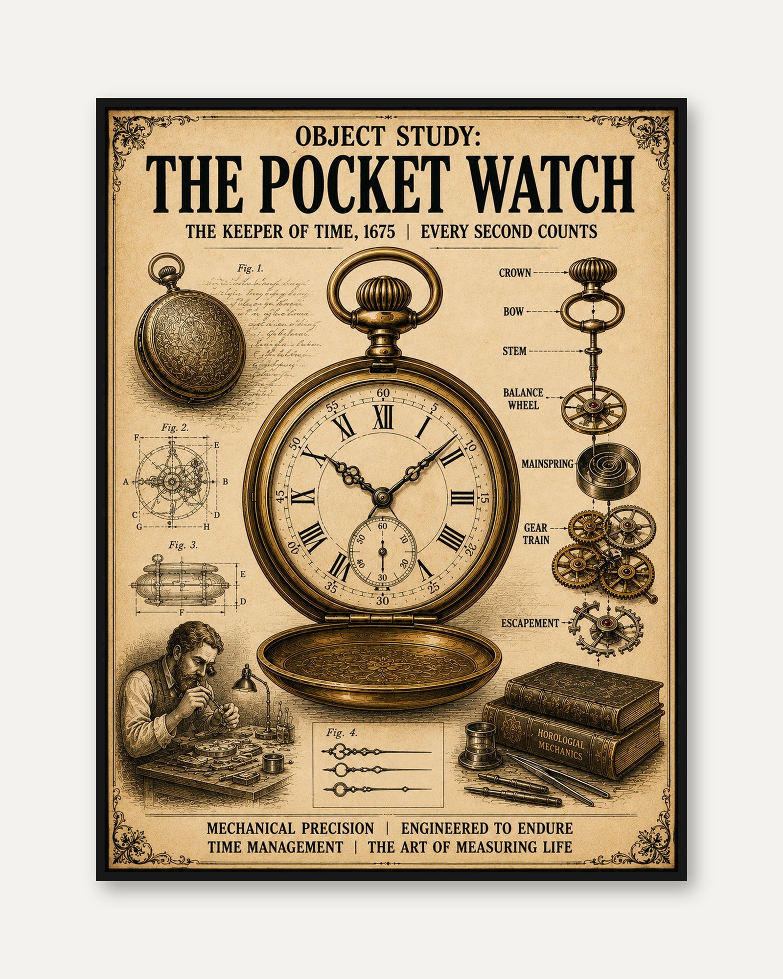 Vintage Pocket Watch Diagram Print: Victorian Technical Illustration - framed