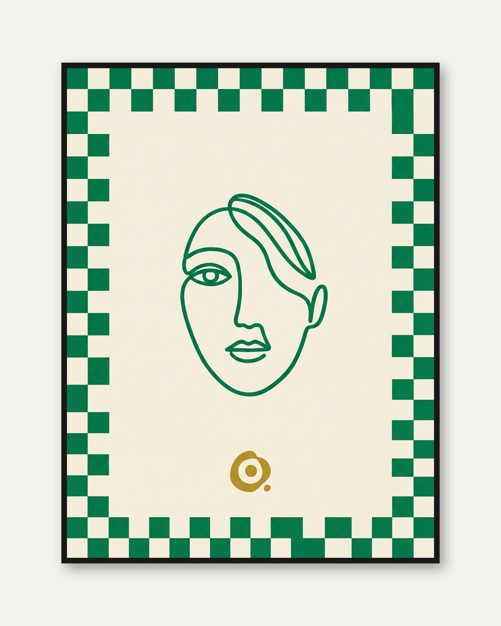 Minimalist Line Art Face Print: Green Geometric Portrait Poster - framed