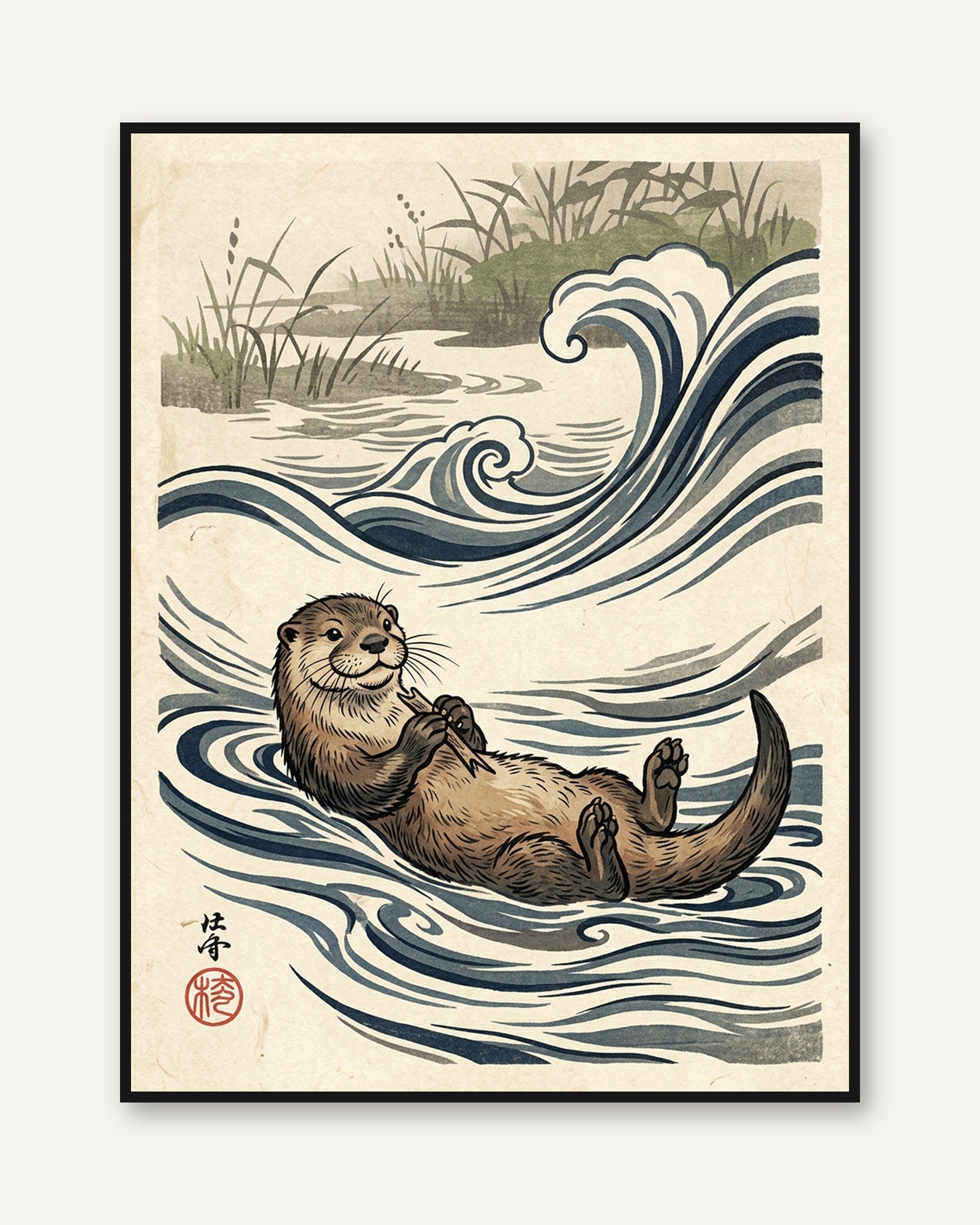 Otter in Waves Art Print: Japanese Woodblock Style Wildlife - framed