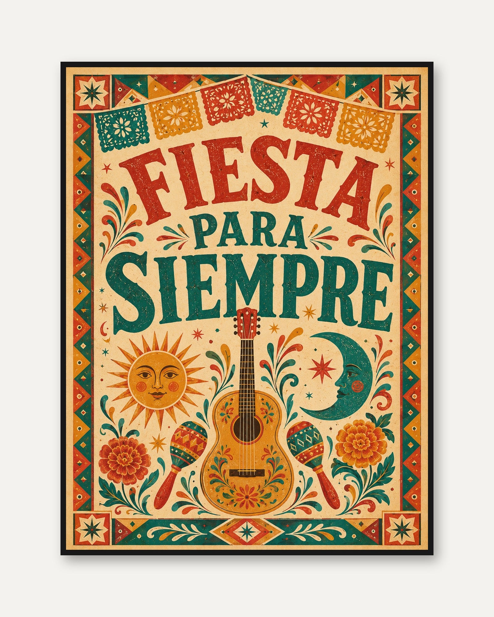 Fiesta Para Siempre Print: Colorful Mexican Folk Art Wall Decor - framed