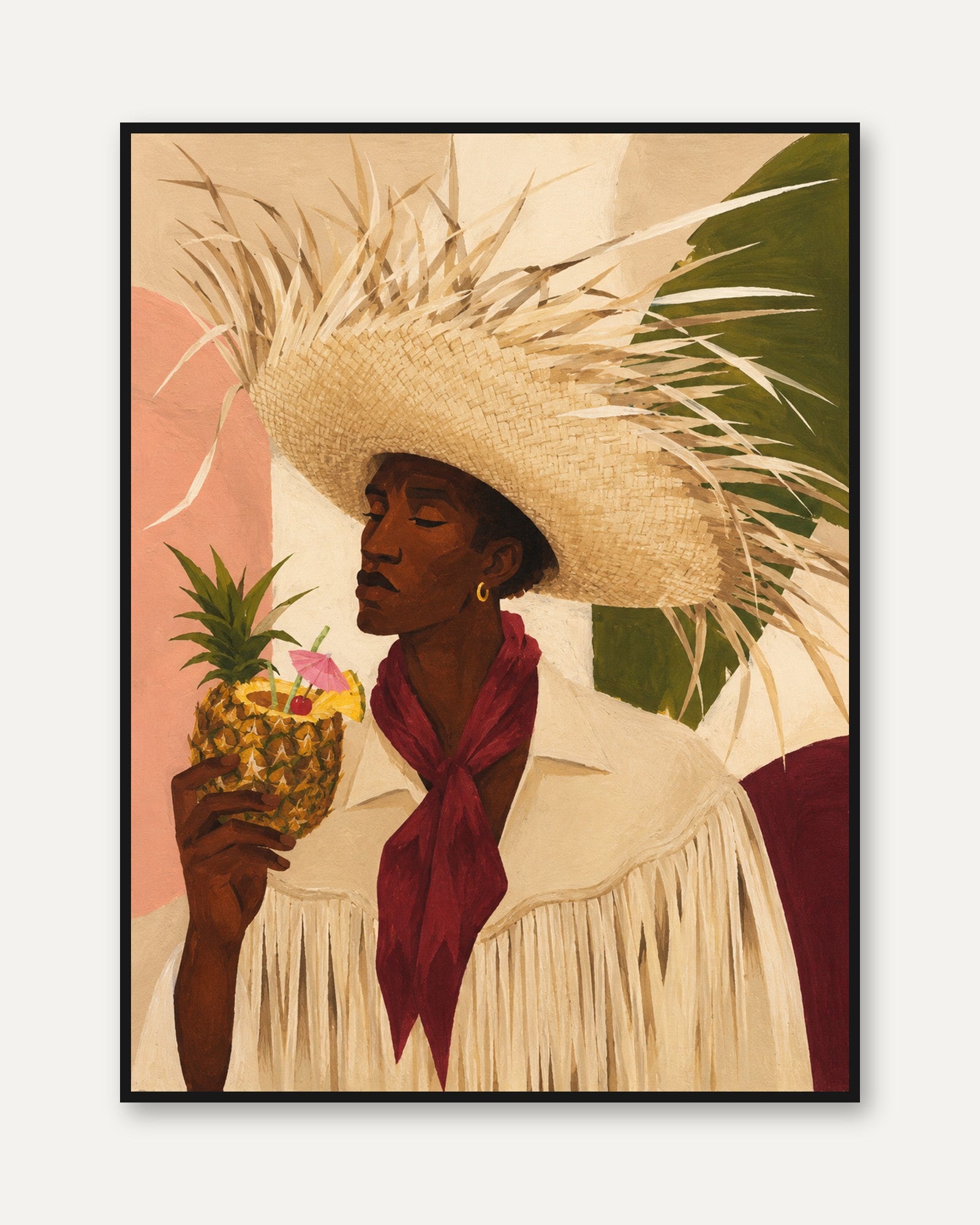 Tropical Paradise Portrait: Woman with Pineapple Cocktail Art Print - framed