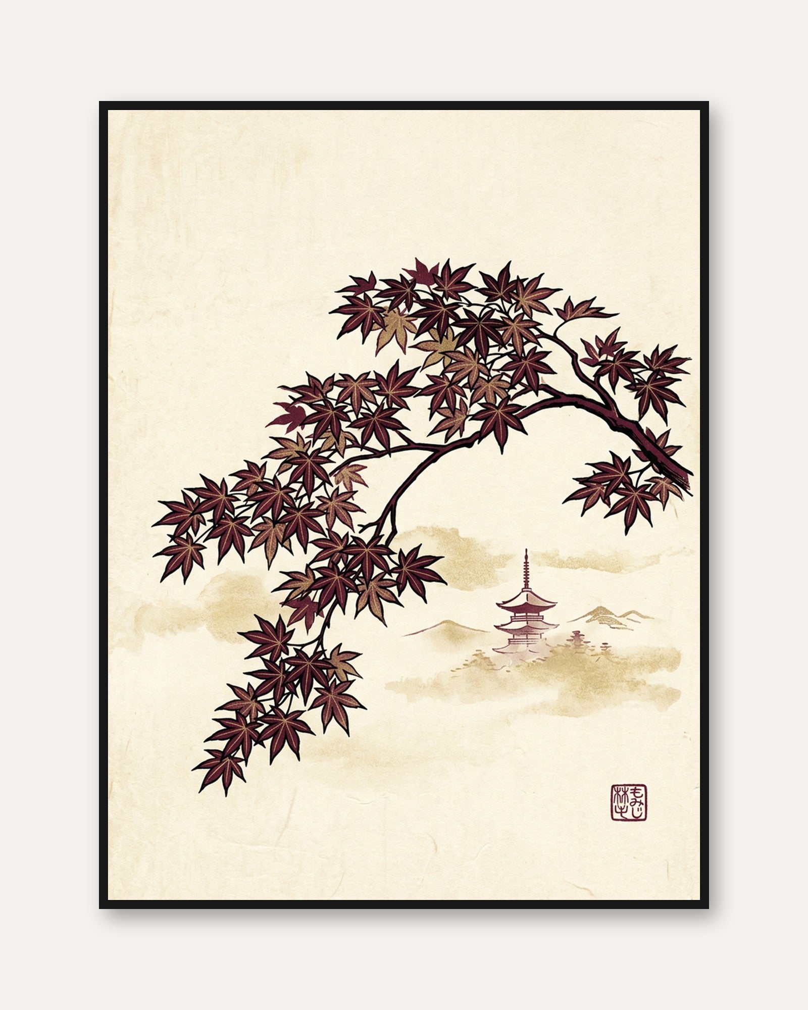 Japanese Maple and Pagoda Art Print: Traditional Asian Landscape - framed