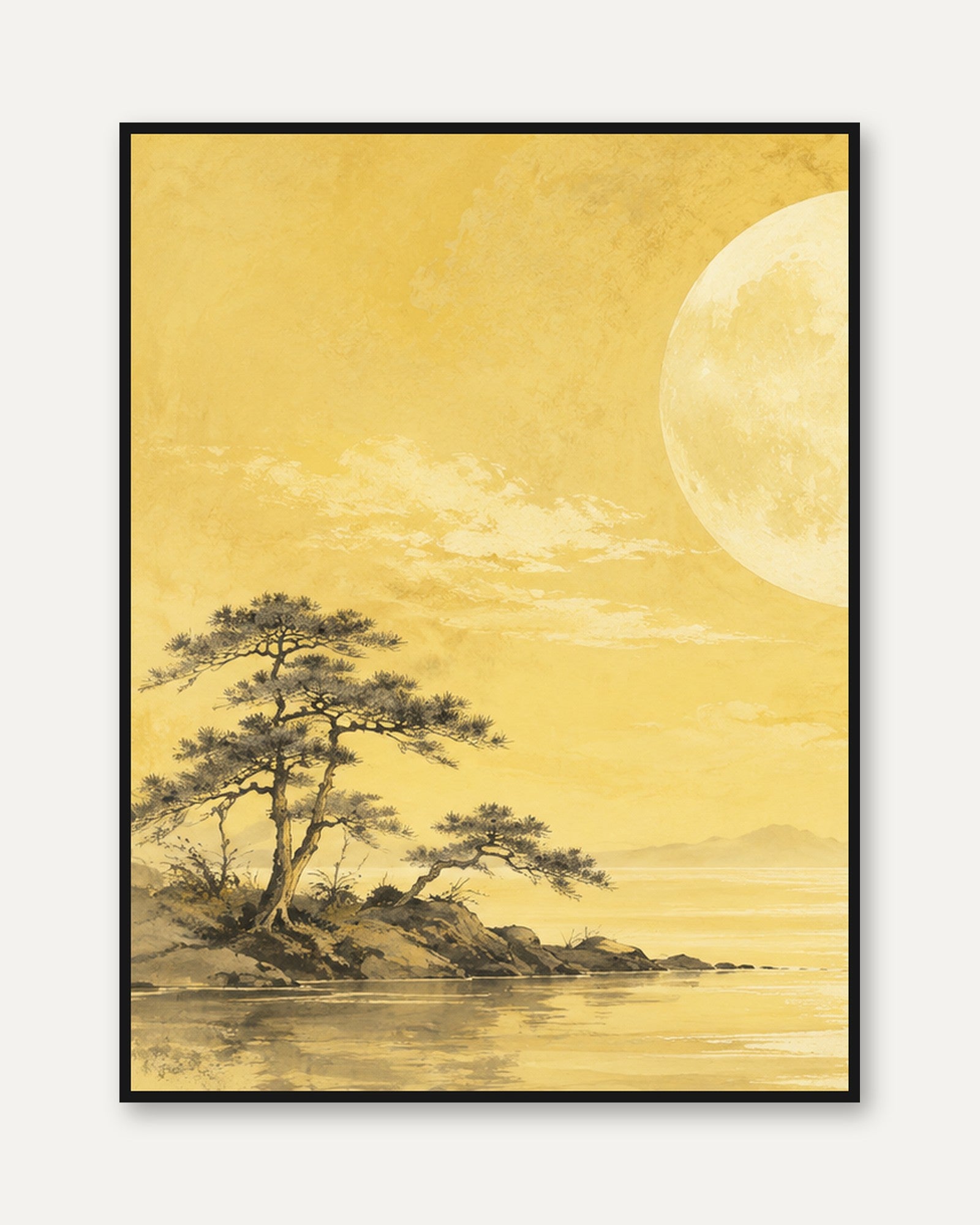Golden Moon and Pine Tree Art Print: Japanese Landscape - framed