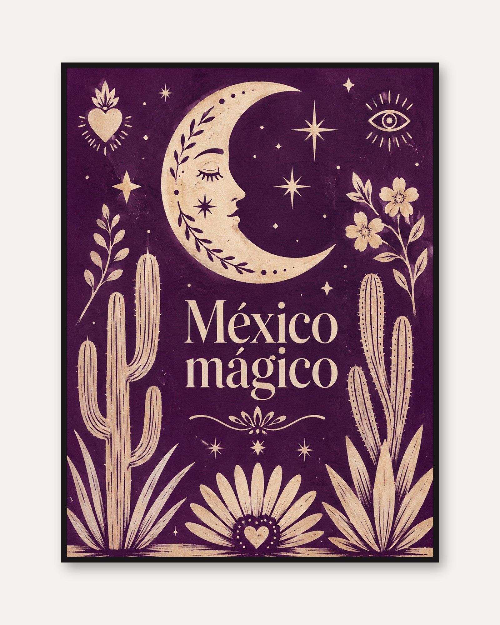 México Mágico Moon Art Print: Purple Folk Art Desert Poster - framed