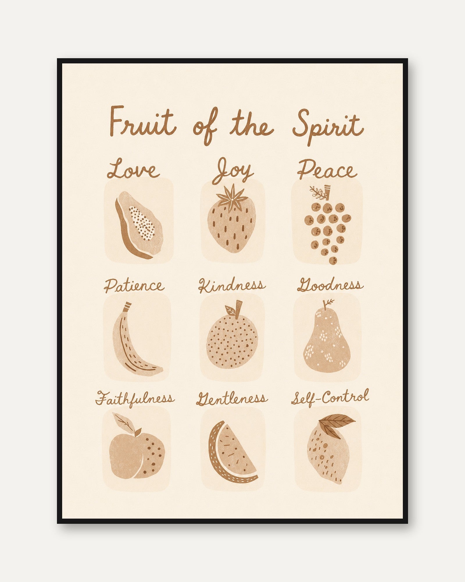Fruit of the Spirit Print: Christian Scripture Art (Beige Boho Style) - framed