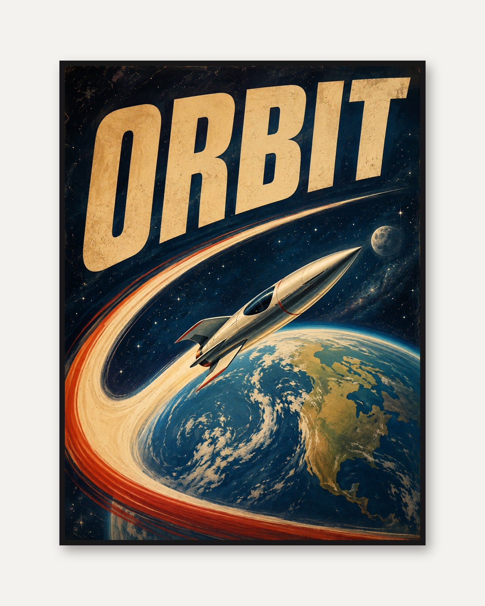 Retro Space Rocket Poster: Vintage Sci-Fi Orbit Design - framed