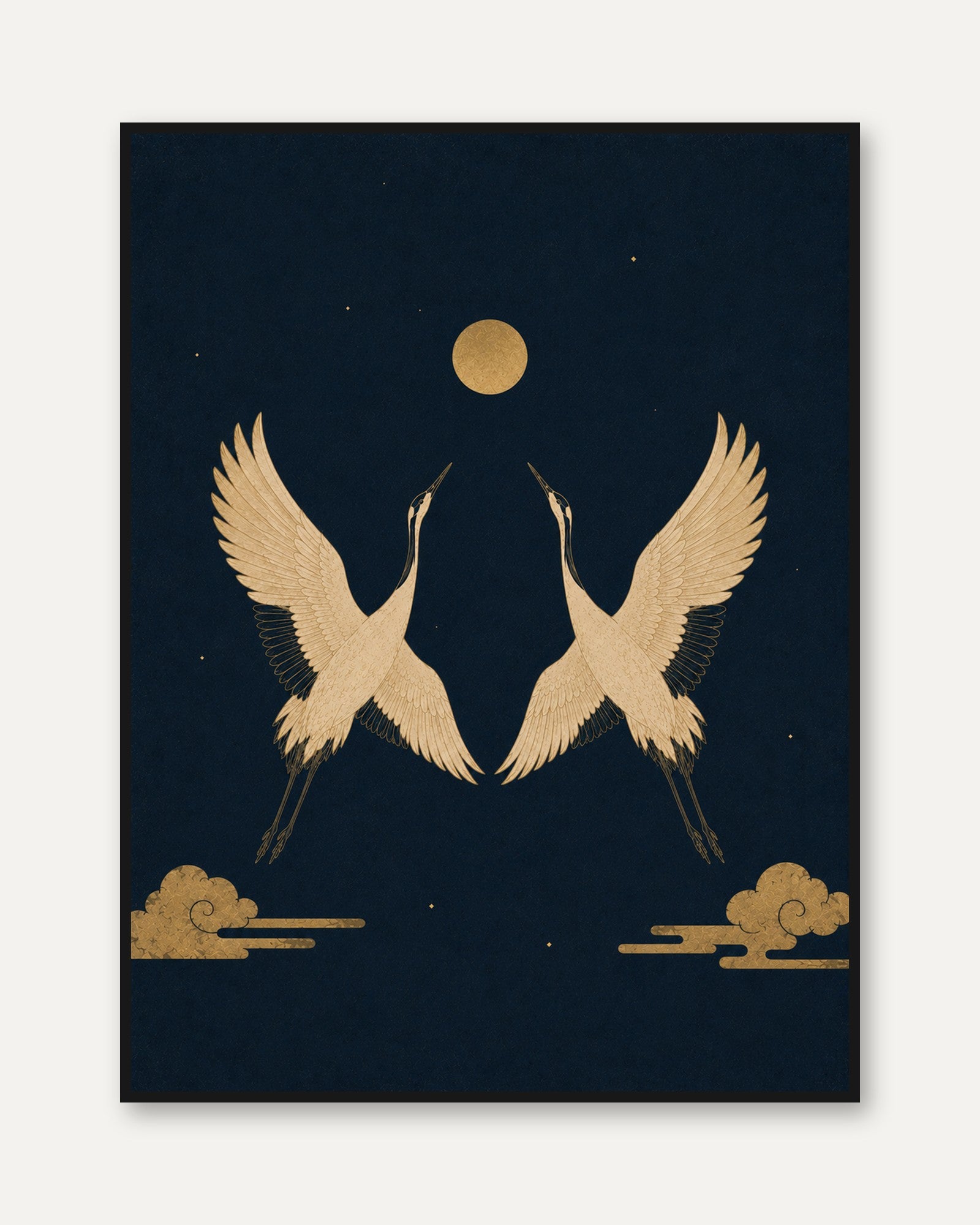 Golden Cranes Art Print: Japanese Style Birds with Moon - framed