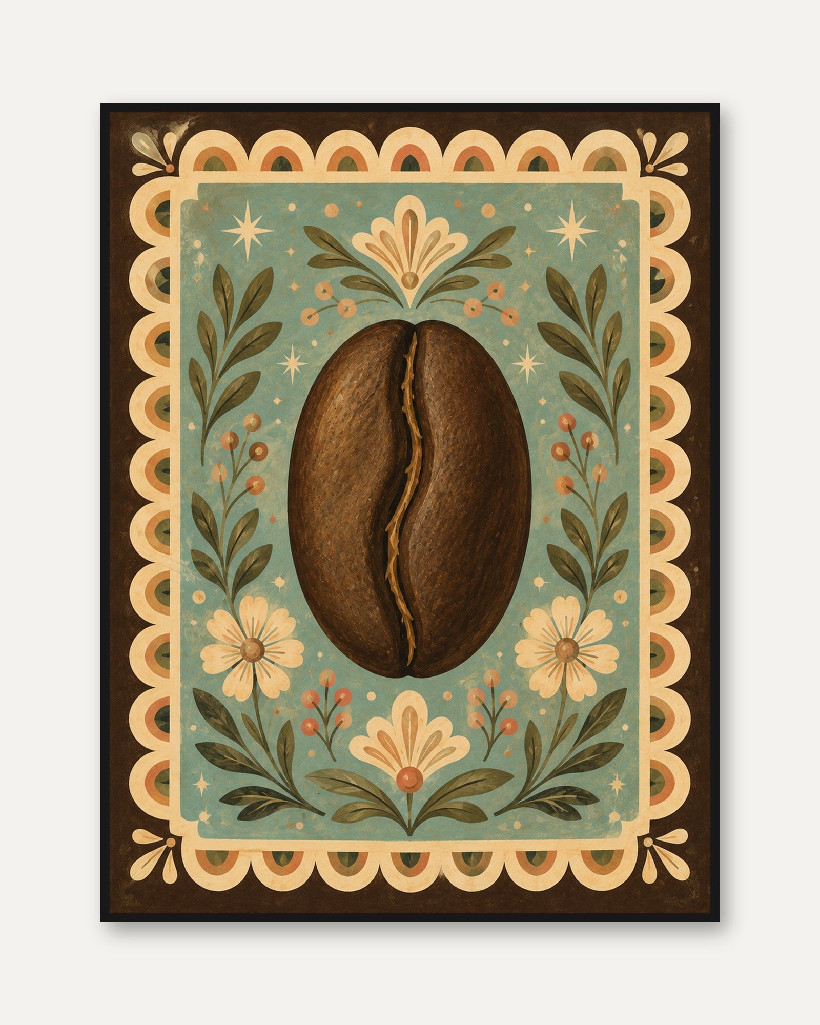 Coffee Bean Wall Art – Folk Art Kitchen Print - framed