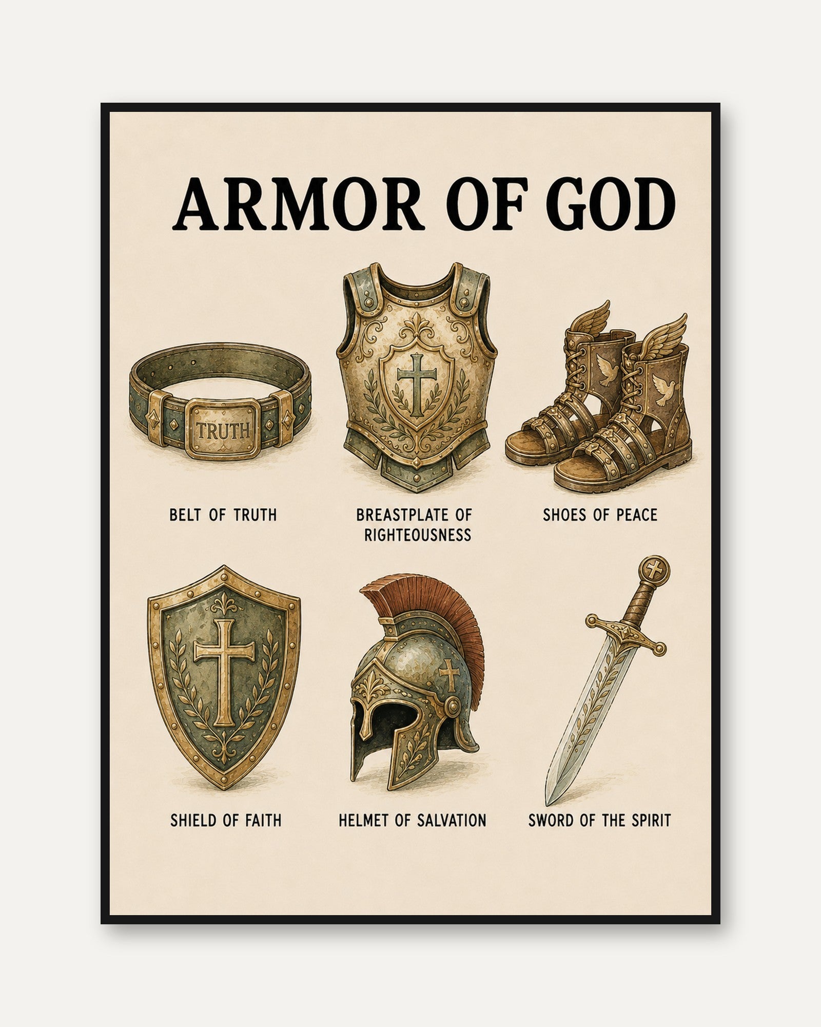 Armor of God Print: Christian Scripture Art in Gold and Bronze - framed