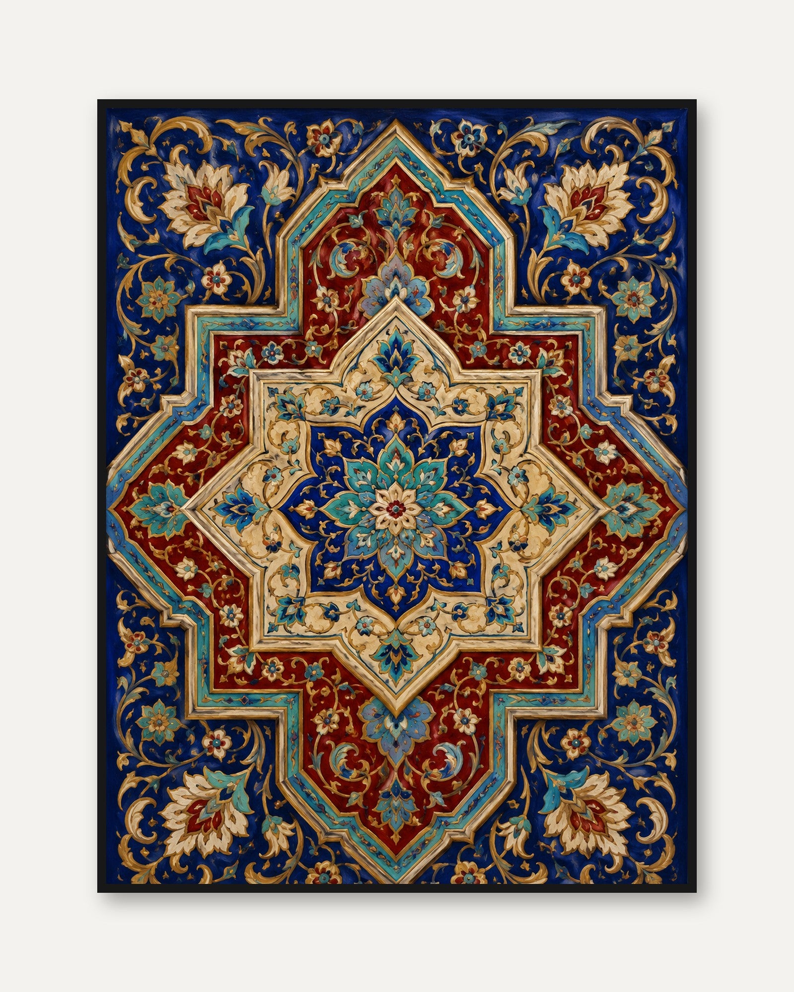 Persian Tile Mandala Art Print: Blue and Red Islamic Pattern - framed