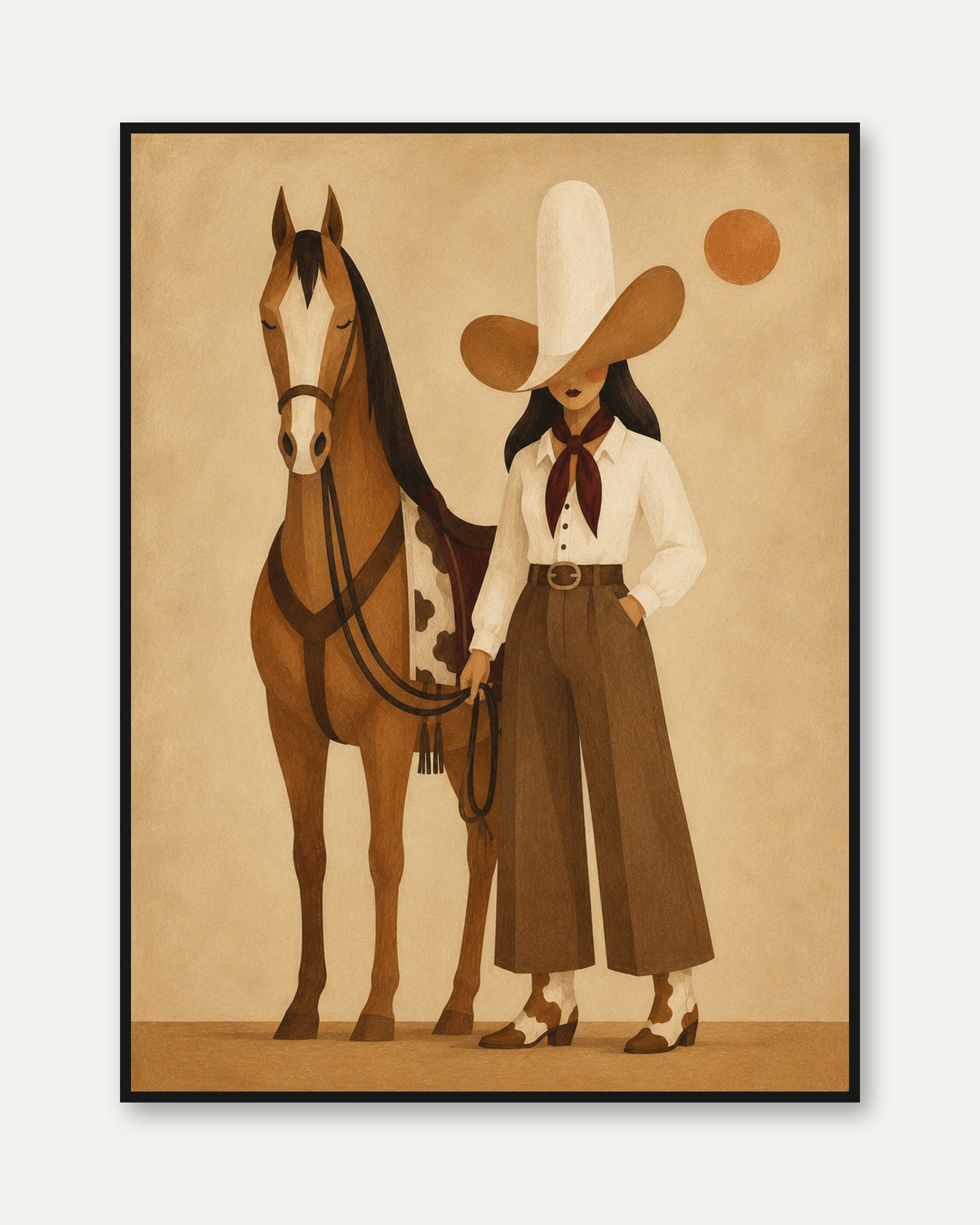 Vintage Cowgirl and Horse Art Print: Geometric Western Design - framed