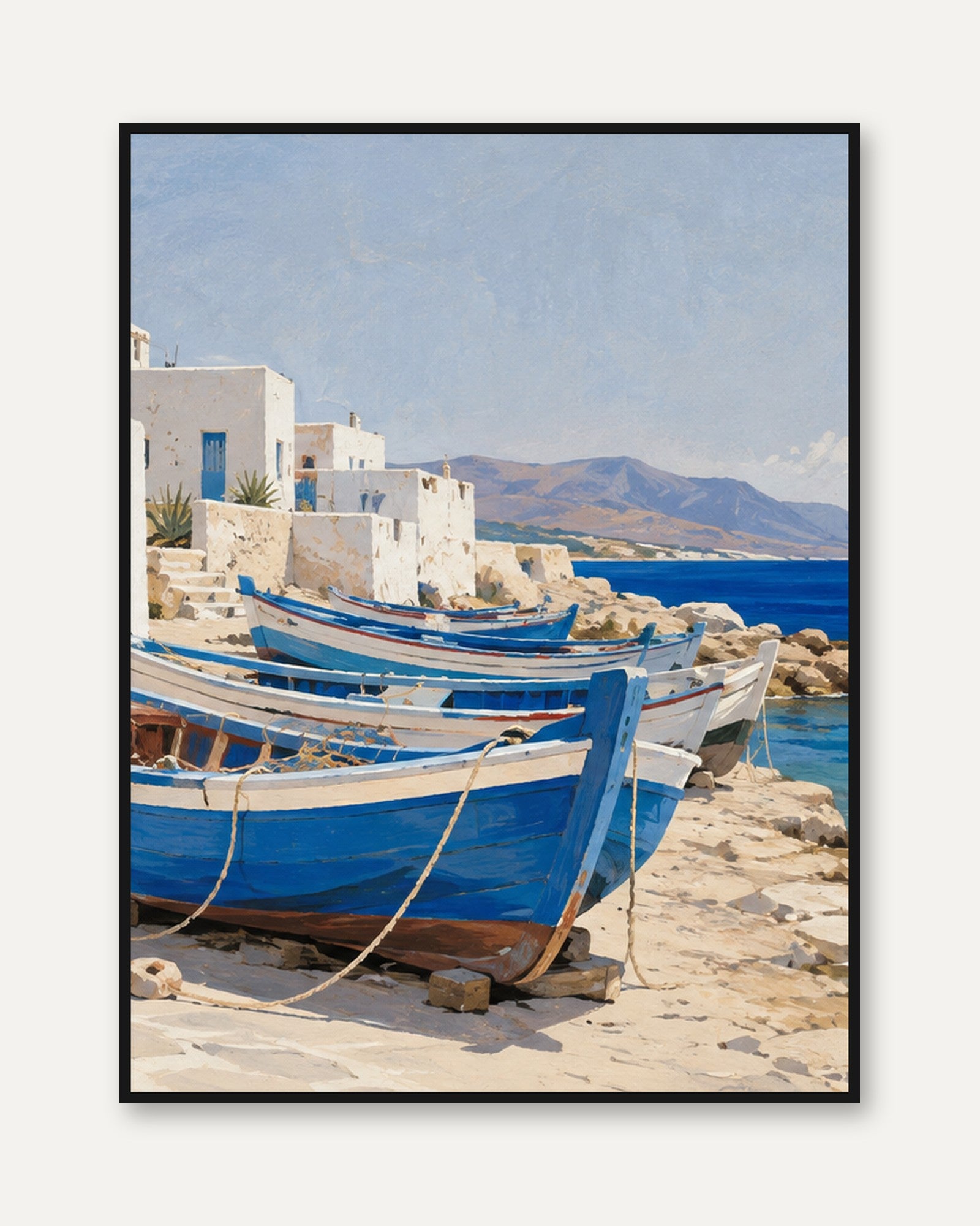 Mediterranean Fishing Boats Art Print: Coastal Village Scene - framed